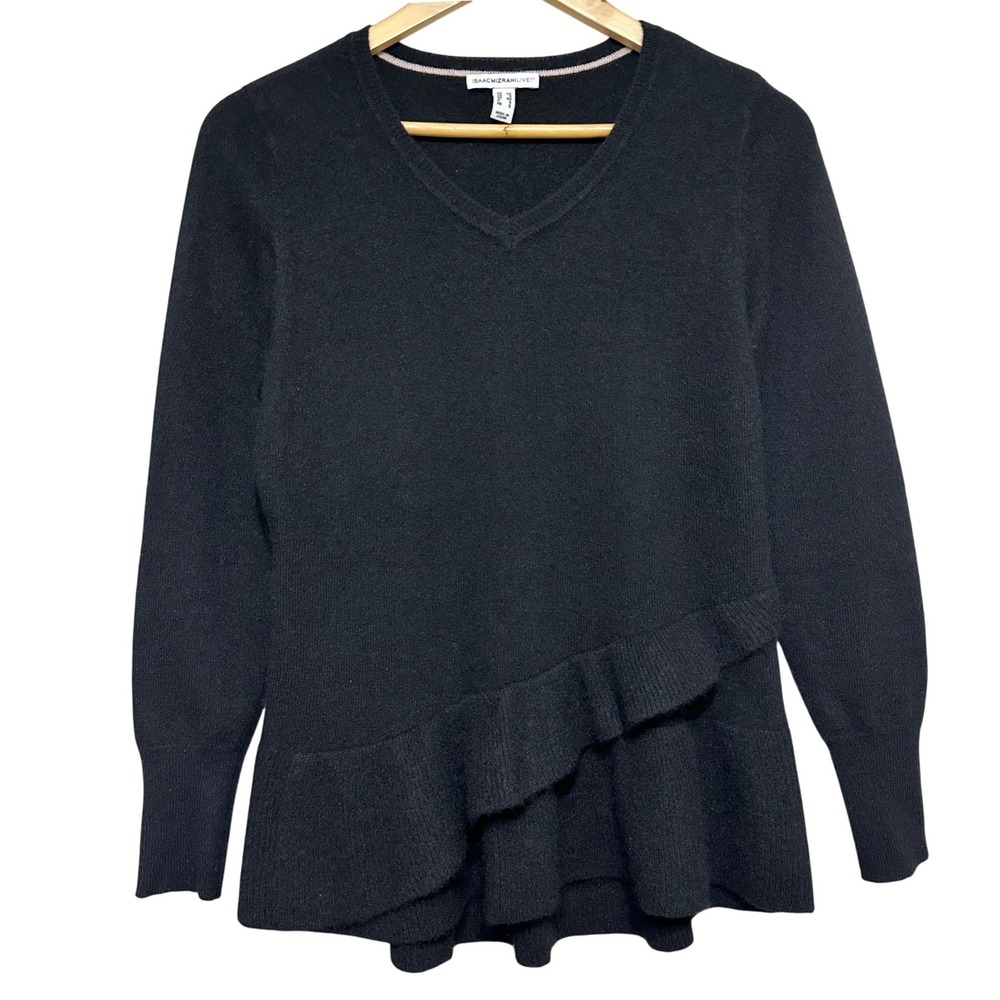 Isaac Mizrahi‎ Live 100% Cashmere Ruffle Peplum Sweater Womens XS Black Luxury